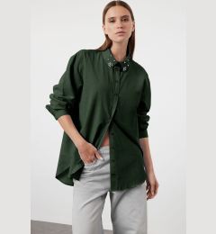 Снимка на Trendyol Dark Green Oversize Woven Shirt with Stone Detail on Collar