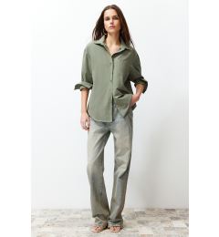 Снимка на Trendyol Dark Khaki Single Pocket Boyfriend Woven Cotton Shirt