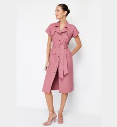 Снимка на Trendyol Dried Rose Belted Wide Fit Gabardine Midi Shirt Dress