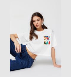 Снимка на Trendyol Ecru 100% Cotton Printed Relaxed/Wide Relaxed Cut Crop Crew Neck Knitted T-Shirt