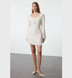 Снимка на Trendyol Ecru A-Line Square Neck Button Detailed Mini Tweed Woven Dress