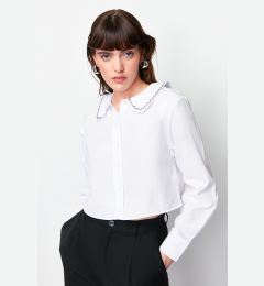 Снимка на Trendyol Ecru Baby Collar Silver Stripe Detailed Crop Oversize/Wide Fit Woven Shirt