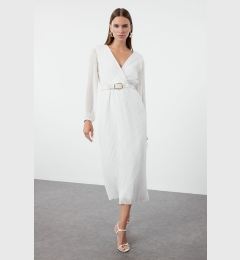 Снимка на Trendyol Ecru Belted A-Line Pleated Maxi Lined Chiffon Woven Dress