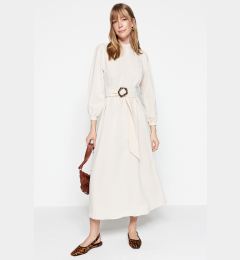 Снимка на Trendyol Ecru Belted High Neck Linen Look Woven Dress