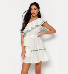 Снимка на Trendyol Ecru Belted Mini Weave Stripe Accessoried One-Shoulder 100% Cotton Beach Dress