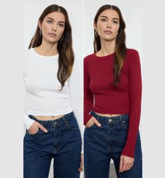 Снимка на Trendyol Ecru-Burgundy Package Body-Sit Crew Neck Ribbed Crop Flexible Knitted Blouse