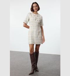 Снимка на Trendyol Ecru Check A-Line Bow Detailed Mini Woven Tweed Dress