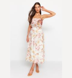 Снимка на Trendyol Ecru Floral Patterned Waist Opening Straps Maxi Lined Chiffon Woven Dress