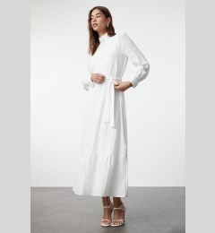 Снимка на Trendyol Ecru Linen Look Woven Dress with Ruffled Belted Skirt