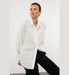 Снимка на Trendyol Ecru Oversize Woven Wide Fit Shirt with Pearl Stone Detail on the Front