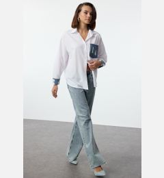 Снимка на Trendyol Ecru Pocket and Cuff Denim Detailed Oversize Wide Fit Shirt