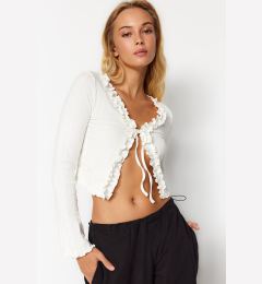 Снимка на Trendyol Ecru Ruffle Detail Front Tied Ribbed Flexible Crop Knitted Blouse