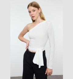 Снимка на Trendyol Ecru Slim Tie Detailed Single Sleeve Crop Stretchy Knitted Blouse