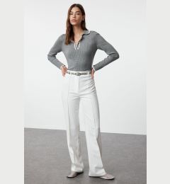 Снимка на Trendyol Ecru Straight/Straight Cut High Waist Ribbed Stitched Woven Trousers