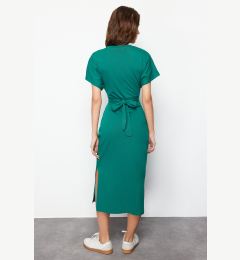 Снимка на Trendyol Emerald Green 100% Cotton Waist Slit and Tie Detailed Midi Knitted Pencil Dress