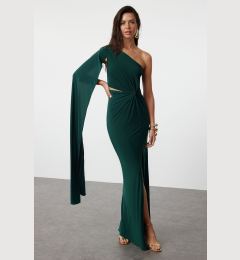 Снимка на Trendyol Emerald Green Fitted One Sleeve Detailed Knitted Long Elegant Evening Dress & Graduation Dress