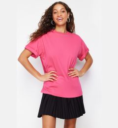 Снимка на Trendyol Fuchsia 100% Cotton Oversize/Wide Mold Crew Neck Knitted T-Shirt