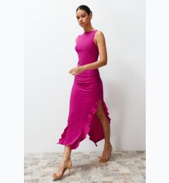 Снимка на Trendyol Fuchsia Bodycone Zero Sleeve Slit Ruffle Detailed Stretchy Thick Sandy Maxi Pencil Dress