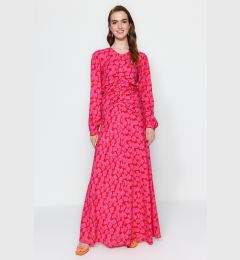 Снимка на Trendyol Fuchsia Flower Patterned Woven Dress with Stitch Detail on the Waist