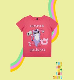 Снимка на Trendyol Fuchsia Girl's Cat Patterned Short Sleeve Knitted T-Shirt