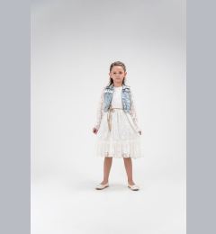 Снимка на Trendyol Girl's Ecru Lace Detailed Denim Vest Belted Long Sleeve Dress Set Suit