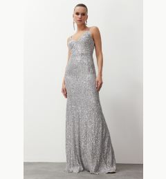 Снимка на Trendyol Gray A-Line Knitted Sequin Long Elegant Evening Dress