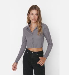 Снимка на Trendyol Gray Button Fitted Polo Neck Ruffle/Textured Crop Knitted Blouse