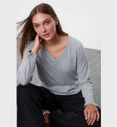 Снимка на Trendyol Gray Melange 100% Cotton Regular/Normal Fit Basic V-Neck Long Sleeve Knitted T-Shirt