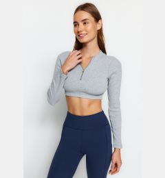 Снимка на Trendyol Gray Melange Cotton Ribbed and Zipper Detailed Yoga Crop Knitted Sports Top/Blouse