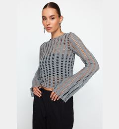 Снимка на Trendyol Gray Mesh Spanish Sleeve Slim Fit Crop Crew Neck Knitted Blouse