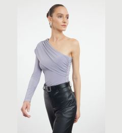 Снимка на Trendyol Gray Single Sleeve Drape Detailed Asymmetrical Fitted Regular/Normal Length Flexible Knitted Blouse