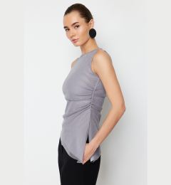 Снимка на Trendyol Gray Tulle Gathered Regular Zero Sleeve Flexible Knitted Blouse