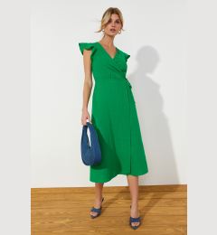 Снимка на Trendyol Green Double Breasted Ruffle Detailed Linen Look Midi Woven Dress