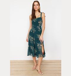 Снимка на Trendyol Green Floral A-Line Slit Gimped Back Detail Chiffon Lined Midi Woven Dress