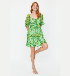 Снимка на Trendyol Green Floral Skirt Flounced Madonna Collar Chiffon Mini Lined Woven Dress