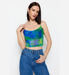 Снимка на Trendyol Green Patterned Fitted/Simple Crop with Straps and Tulle Stretch Knitted Blouse