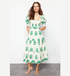 Снимка на Trendyol Green Patterned Square Neck Linen Look Belted Midi Woven Dress