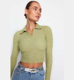 Снимка на Trendyol Green Premium Textured Fabric Polo Neck Fitted Crop Knitted Blouse