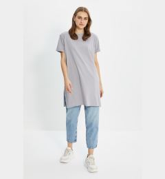 Снимка на Trendyol Grey 100% Cotton Basic Short Sleeve Slit Jersey Base Layer T-Shirt