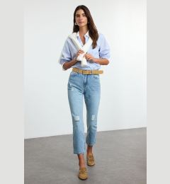 Снимка на Trendyol Ice Blue Ripped Detail High Waist Straight Jeans