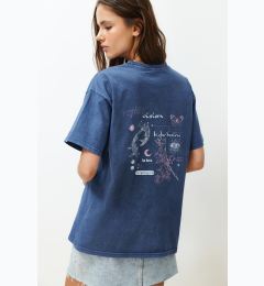 Снимка на Trendyol Indigo 100% Cotton Faded Effect Back Printed Boyfriend Crew Neck Knitted T-Shirt