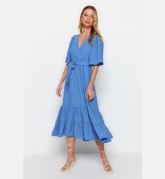 Снимка на Trendyol Indigo Belted A-Cut Double Breasted Collar Back Detail Midi Woven Dress