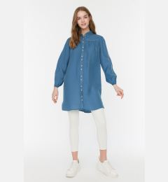 Снимка на Trendyol Indigo Contrast Stitched Woven Linen Look Natural Fabric Shirt