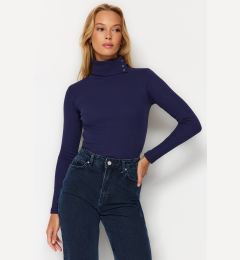 Снимка на Trendyol Indigo Corduroy Asymmetrical Collar Detail Fitted/Slip-On Knitted Blouse