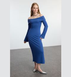 Снимка на Trendyol Indigo Fitted Carmen Neck Soft Textured Midi Stretch Knitted Pencil Dress