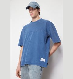 Снимка на Trendyol Indigo Oversize/Wide Cut Stitched Label Faded Effect 100% Cotton T-Shirt