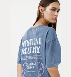 Снимка на Trendyol Indigo Oversize/Wide Pattern Washed Slogan and Back Printed 100% Cotton Knitted T-Shirt