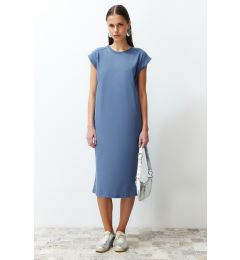 Снимка на Trendyol Indigo Plain T-shirt Dress 100% Cotton Moon Sleeve Shift/Relaxed Cut Midi Midi Dress