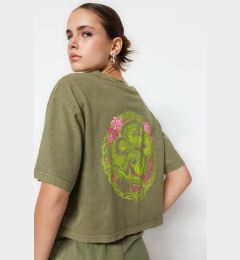 Снимка на Trendyol Khaki 100% Cotton Faded Effect Back Printed Crop Crew Neck Knitted T-Shirt