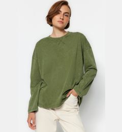 Снимка на Trendyol Khaki Antique/Faded Effect Relaxed/Comfortable Fit Crew Neck Long Sleeve Knitted T-Shirt